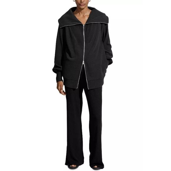 Varley Ells Jacket Ribbed Ottoman Long Balloon Sleeve Oversized Sweatshirt Black - Picture 4 of 16